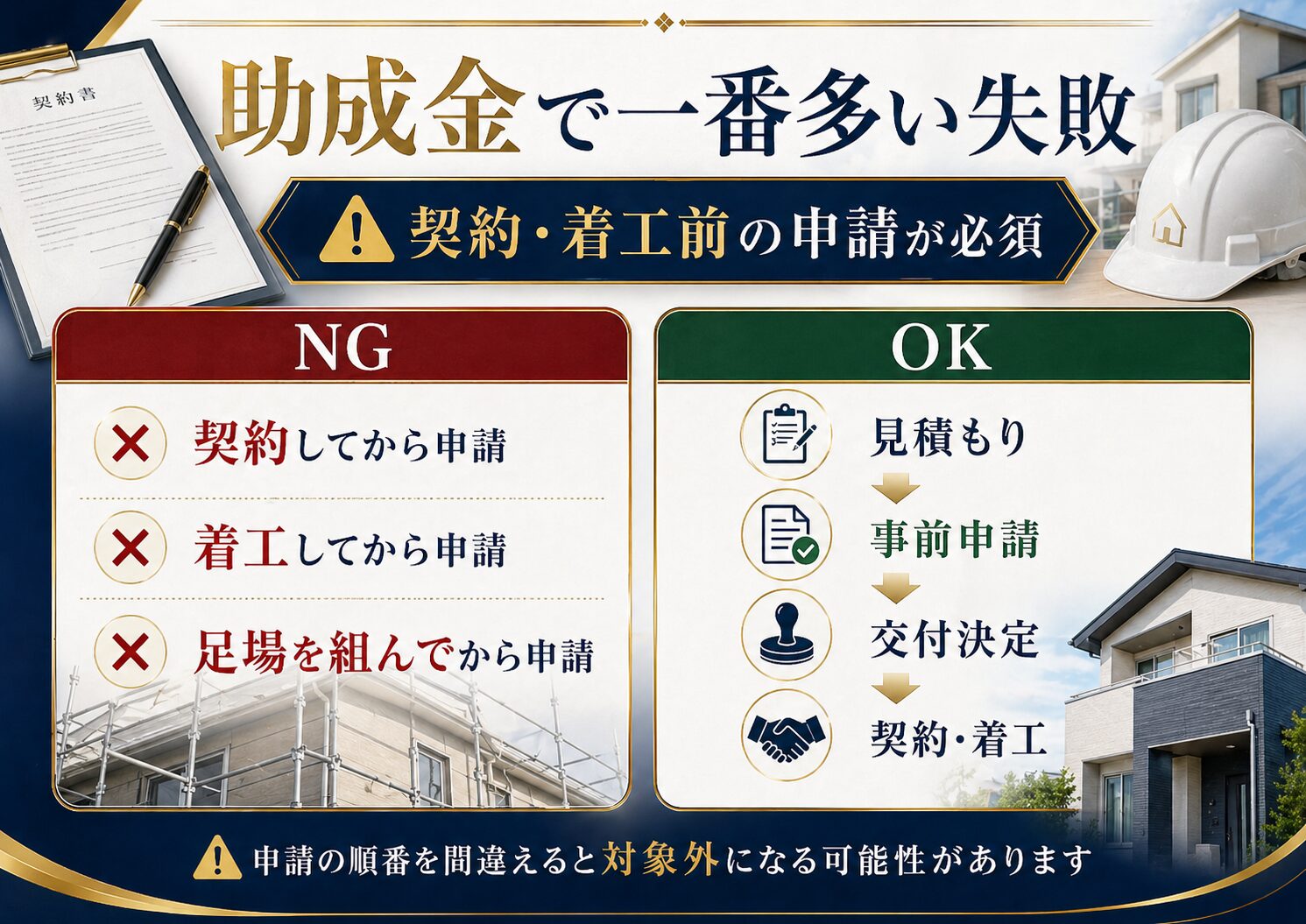 外壁塗装の助成金は契約前・着工前の申請が重要。契約後や足場設置後の申請は対象外になる可能性があります