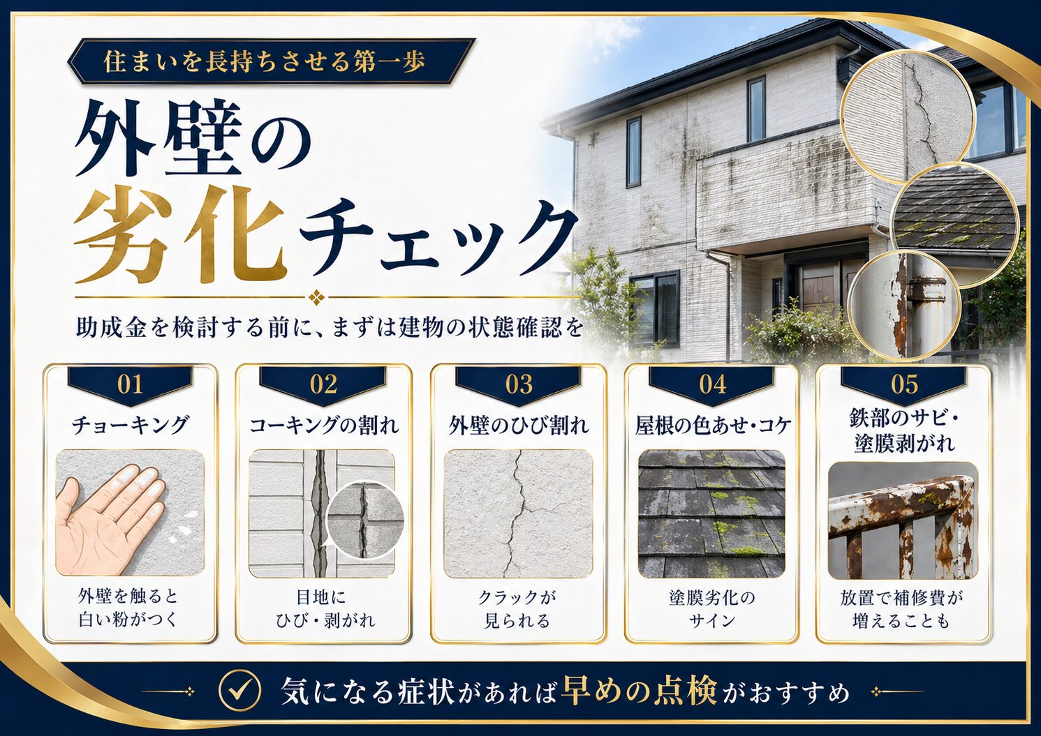 外壁塗装前に確認したい劣化症状。チョーキング、コーキングの割れ、ひび割れ、屋根の色あせ、鉄部のサビ