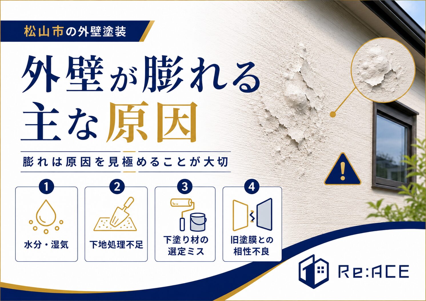 外壁が膨れる主な原因を水分や下地処理不足などに分けて説明した画像