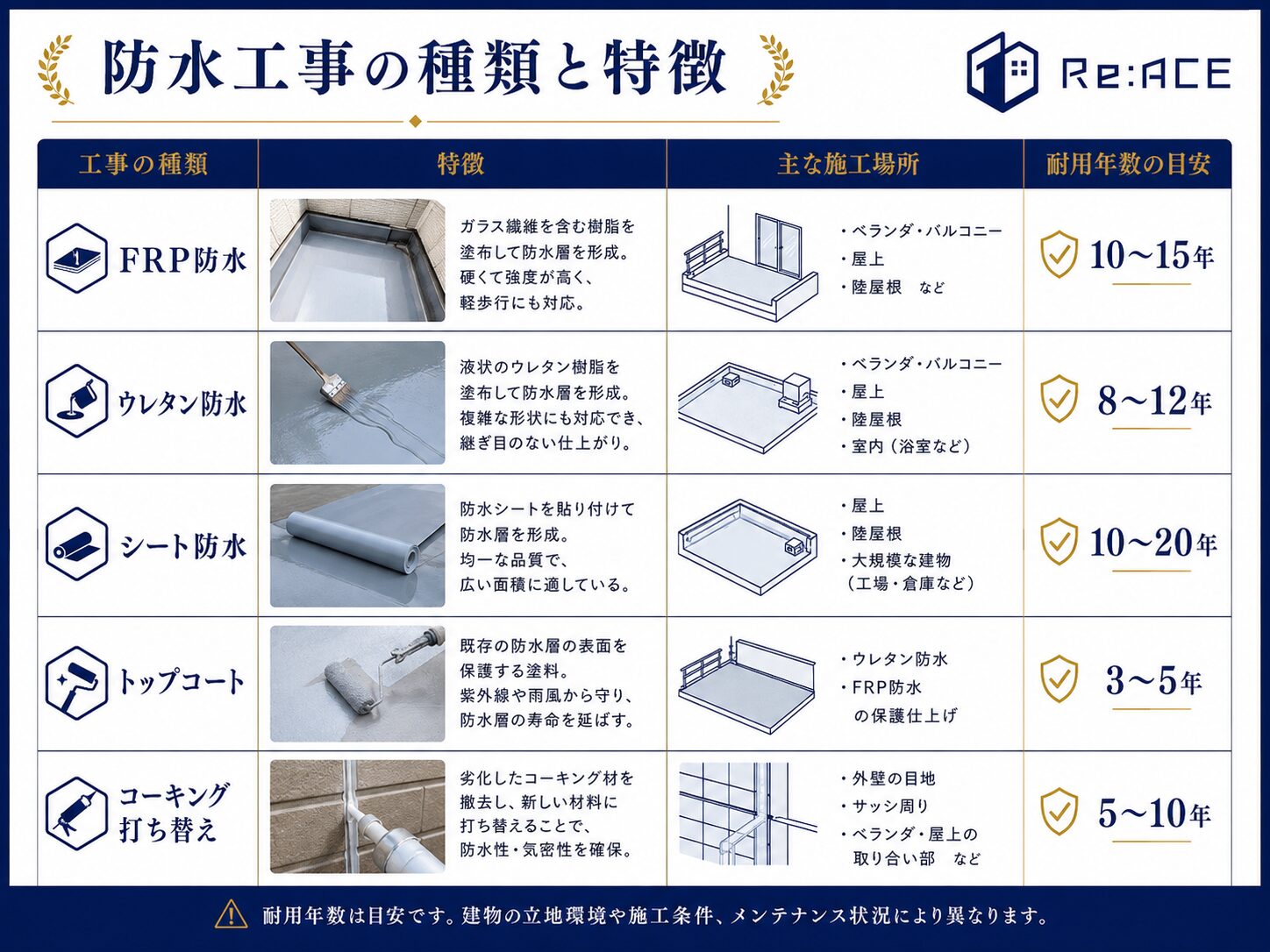 FRP防水 ウレタン防水 シート防水 トップコート コーキングの比較画像