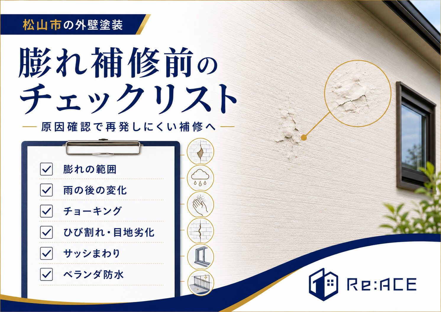 外壁の膨れ補修前に確認すべきポイントをまとめた画像