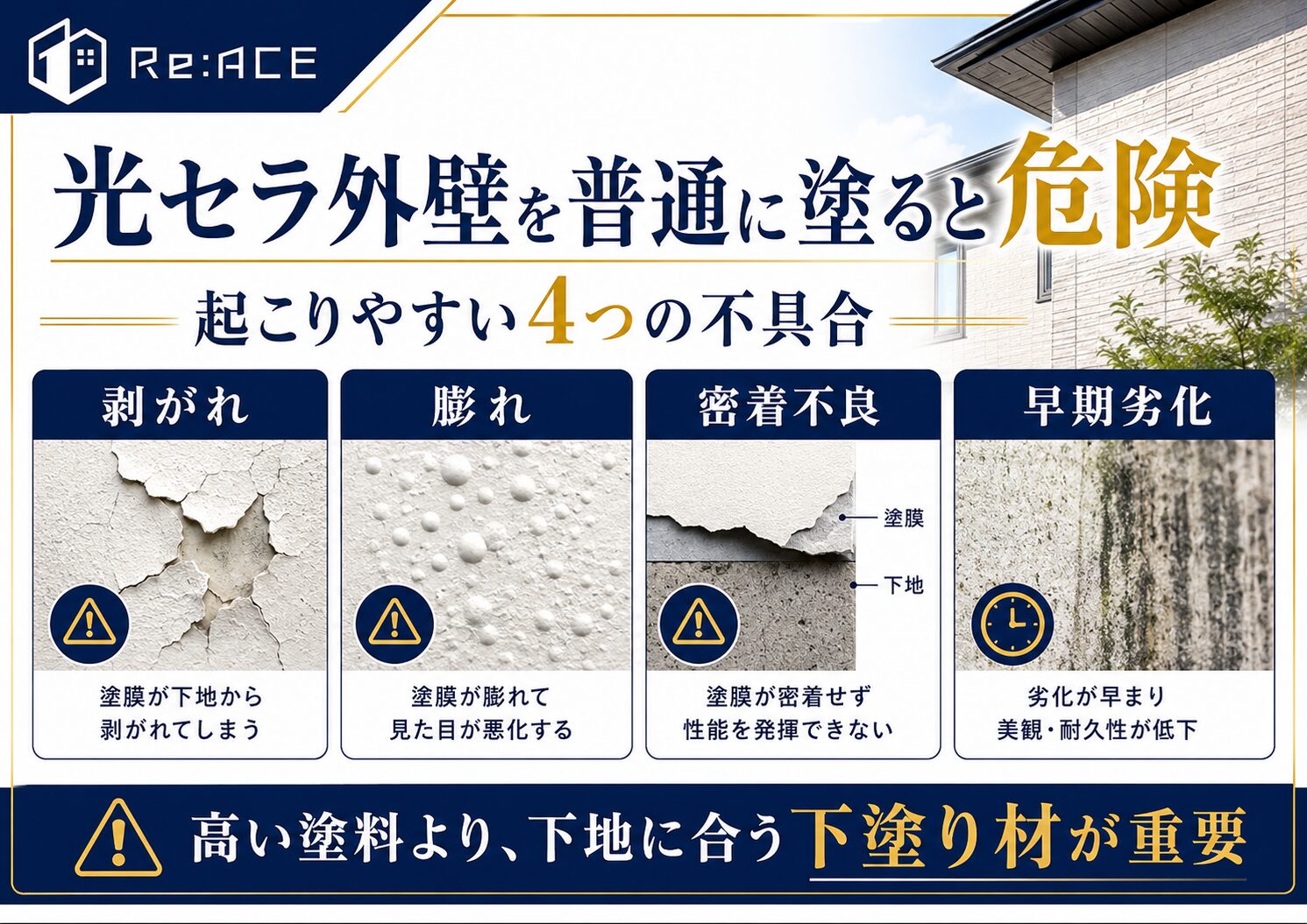 光セラ外壁を通常仕様で塗ると起きやすい剥がれや膨れなどの不具合を説明した画像