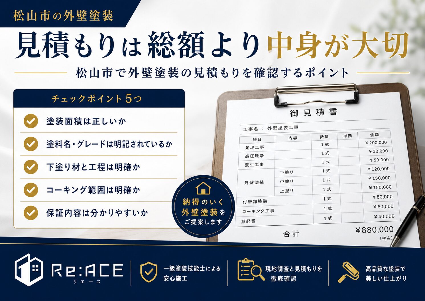 松山市で外壁塗装の見積もりを確認するポイント