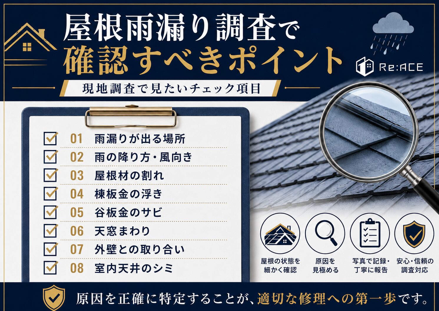 屋根雨漏り調査で確認すべきポイントをまとめた画像