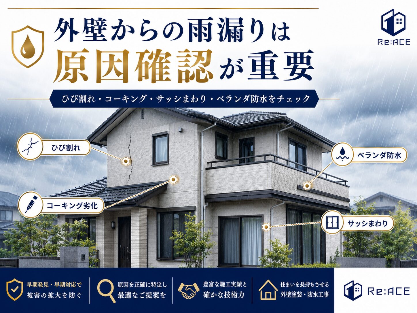 外壁雨漏りの調査で確認すべきポイントをまとめた画像