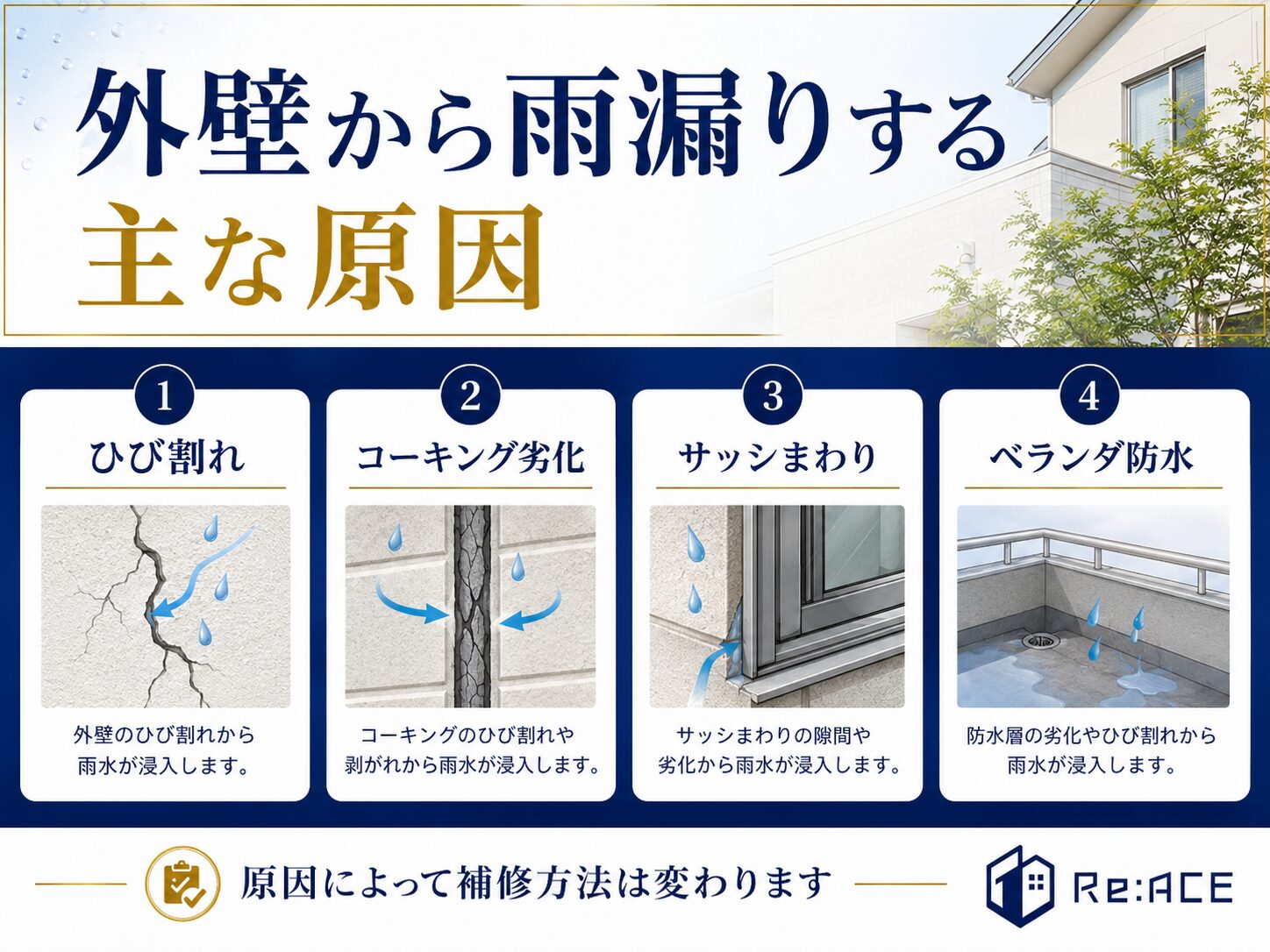 外壁から雨漏りする原因をひび割れやコーキング劣化などに分けて説明した画像